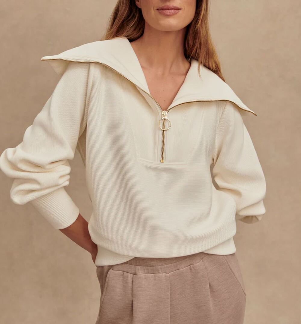Varley Vine Half Zip Pullover Sweatshirt Small Ivory Ottoman Ribbed Athleisure